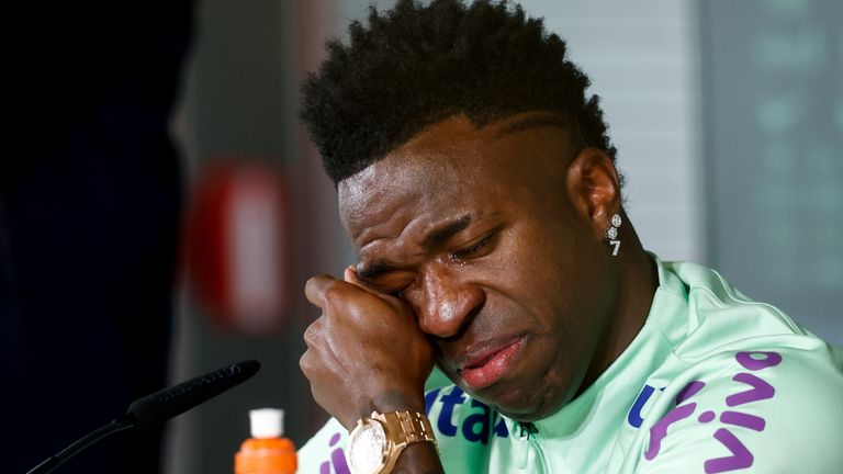 Vinicius Junior breaks down to cry during his press conference during the training session of Brazil Team prior the friendly match against Spain at Ciudad Deportiva Real Madrid on March 25, 2024, in Valdebebas, Madrid, Spain. AFP7 25/03/2024 (Europa Press via AP)