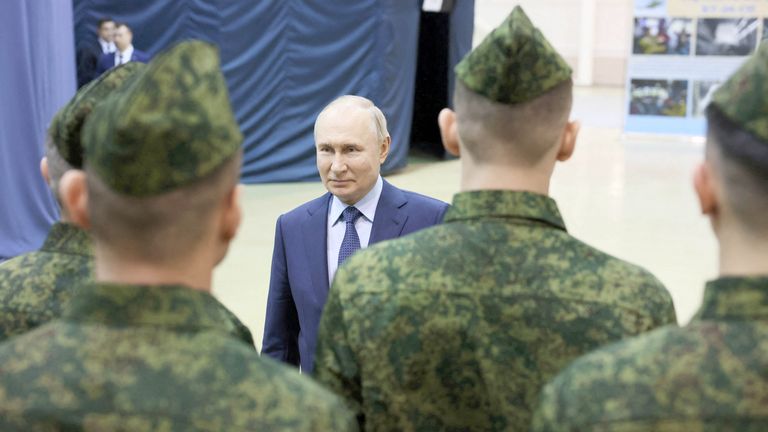 Vladimir Putin talks to military pilots at the 344th State Centre for combat use and retraining of flight crews of the Russian Defence Ministry in the town of Torzhok in the Tver Region, Russia.
Pic: Sputnik/Russia