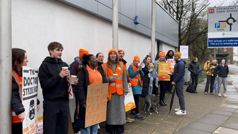 Junior doctors strike outside the University Hospital of Wales