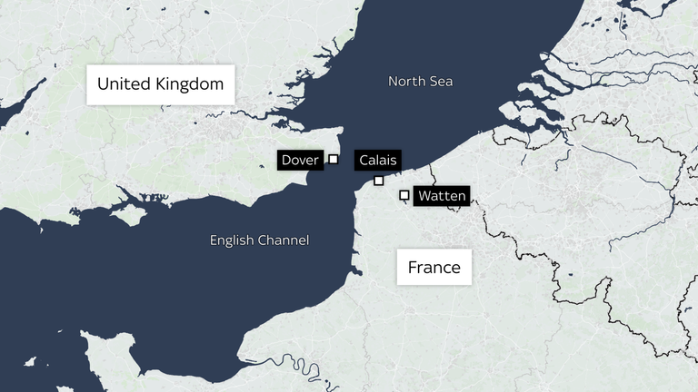 A map shows Watten in relation to Calais and the English Channel