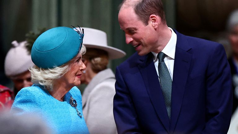 Queen Camilla and William, Prince of Wales speak to each other as they attend an annual Commonwealth Day service ceremony at Westminster Abbey