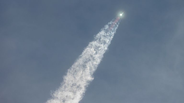 SpaceX&#39;s next-generation Starship spacecraft, atop its powerful Super Heavy rocket, lifts off on its third launch from the company&#39;s Boca Chica launchpad.
Pic: Reuters