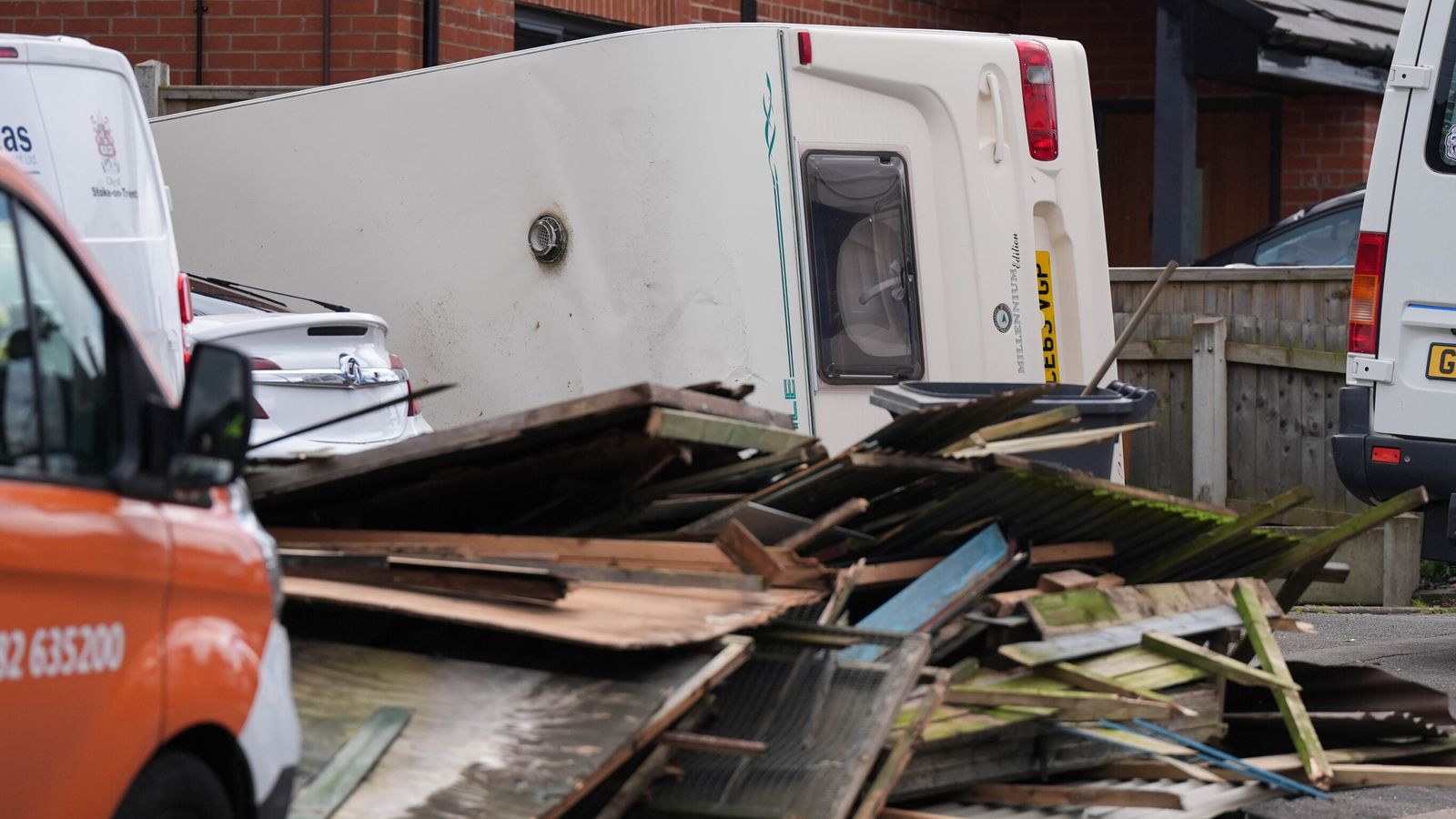 'Tornado' overturns caravan and damages buildings in Staffordshire as high winds batter UK
