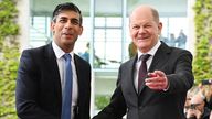 Olaf Scholz shakes hands with Rishi Sunak at the Chancellery in Berlin.
Pic: Reuters
