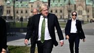 Boris Johnson makes his way towards West Block on Parliament Hill in Ottawa, Canada.
Pic: The Canadian Press/AP