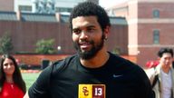 Southern California Trojans quarterback Caleb Williams (13) smiles during the USC NFL Pro Day on Wednesday, Mar. 20, 2024, in Los Angeles. (Kevin Terrell via AP)