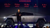 Tesla CEO Elon Musk introduces the Cybertruck at Tesla&#39;s design studio Thursday, Nov. 21, 2019, in Hawthorne, Calif. Musk is taking on the workhorse heavy pickup truck market with his latest electric vehicle. (AP Photo/Ringo H.W. Chiu)                                           