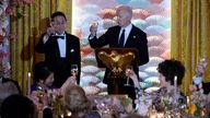 President Joe Biden delivers a toast for Japanese Prime Minister Fumio Kishida during a State Dinner at the White House, Wednesday, April 10, 2024, in Washington. (AP Photo/Evan Vucci)