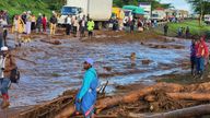 People gather on the main road after a dam burst, in Kamuchiri Village Mai Mahiu, Nakuru County, Kenya.
Pic: AP
