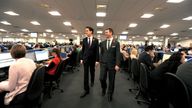 Labour Leader Ed Miliband (centre left) with Daisy Group CEO Matthew Riley (centre right), as he visited the headquarters of the Daisy Group in Nelson, Lancashire, ahead of Labour&#39;s North West Regional Conference.