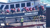 A group of people thought to be migrants are brought in to Dover, Kent, from a Border Force vessel following a small boat incident in the Channel.
Pic: PA