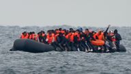 A group of people thought to be migrants crossing the Channel in a small boat traveling from the coast of France and heading in the direction of Dover, Kent. Picture date: Tuesday August 29, 2023.

