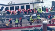 A group of people thought to be migrants are brought to Dover onboard a Border Force vessel. Pic: PA