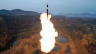 A missile is launched, as the state media reports North Korea test-fired a new mid- to long-range solid-fuel hypersonic missile, at an unknown location in North Korea. Pic: Reuters
