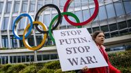 There have been protests against Russia and Belarus competing at this year&#39;s Olympics. Pic: AP