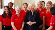 Queen Camilla, speaks to crew members as she hosts a reception for the &#39;Maiden&#39; yachting crew, at Clarence House in London, to congratulate them on their unprecedented win of the Ocean Globe Race and becoming the first ever all-female crew to win an around-the-world yacht race. Picture date: Monday April 29, 2024.

