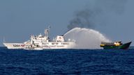 Chinese Coast Guard vessels fire water cannons towards a Philippine resupply vessel Unaizah May 4 on its way to a resupply mission at Second Thomas Shoal in the South China Sea, March 5, 2024. Pic: REUTERS