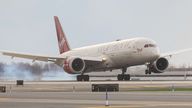 Virgin Atlantic Boeing 787 arrives to complete the first 100% Sustainable Aviation Fuel transatlantic flight from London&#39;s Heathrow airport to John F. Kennedy International Airport, in New York City, U.S., November 28, 2023. REUTERS/Brendan McDermid