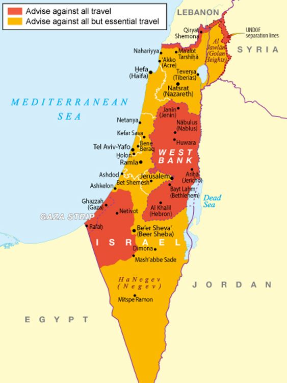 The Foreign Office advises against all travel to places marked in red, and only essential travel to the rest of Israel. Pic: FCDO