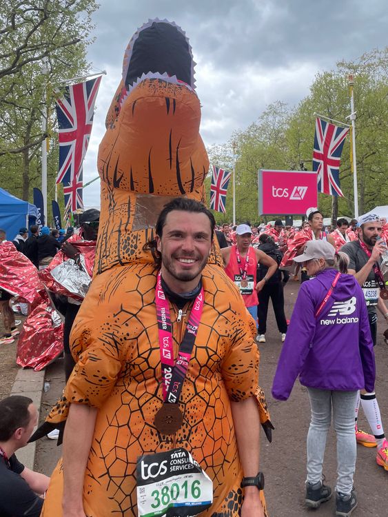Lee Baynton, 39, after finishing the TCS London Marathon, dressed in an inflatable costume. Picture date: Sunday April 21, 2024. Pic: PA