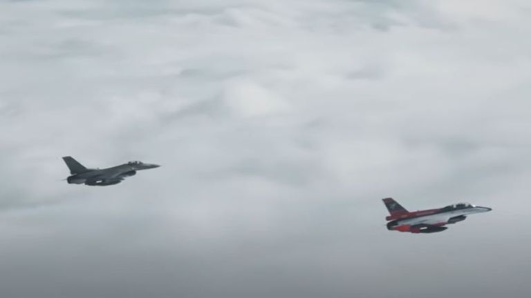 The two planes close to each other during the exercise.  Photo: DARPA/YouTube