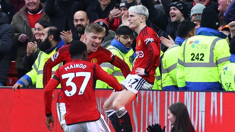 Manchester United's Alejandro Garnacho (right) celebrates scoring with Rasmus Hojlund (centre) and Kobbie Mainoo. Pic: Reuters