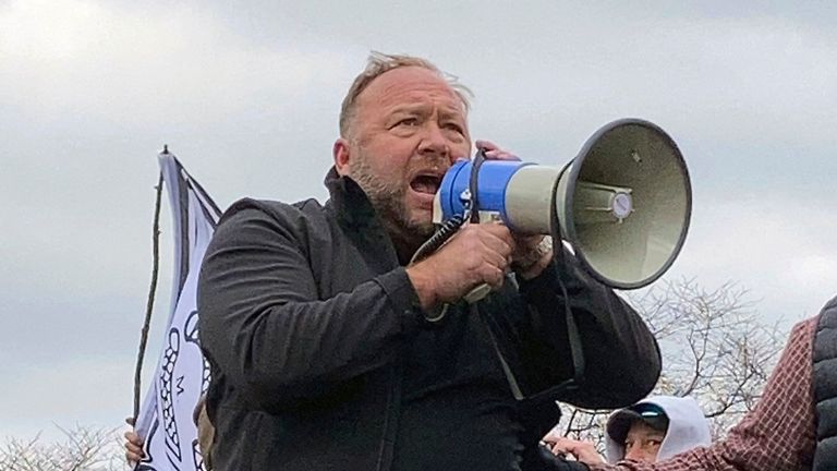 Alex Jones addresses the crowd during the 6 January attack on the Capitol. Pic: AP