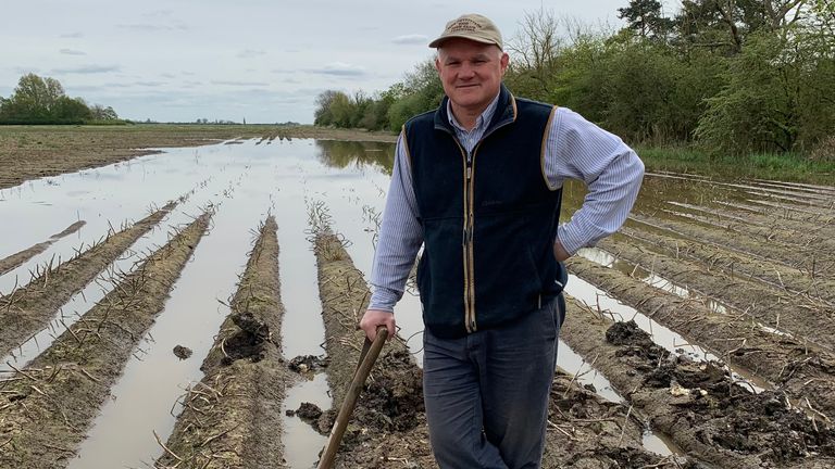 Famer Andrew Branton on a flooded field of his Lincolnshire farm