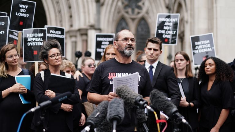 Andrew Malkinson, who served 17 years in prison for a rape he did not commit, reads a statement outside the Royal Courts of Justice in London, after being cleared by the Court of Appeal. Picture date: Wednesday July 26, 2023.