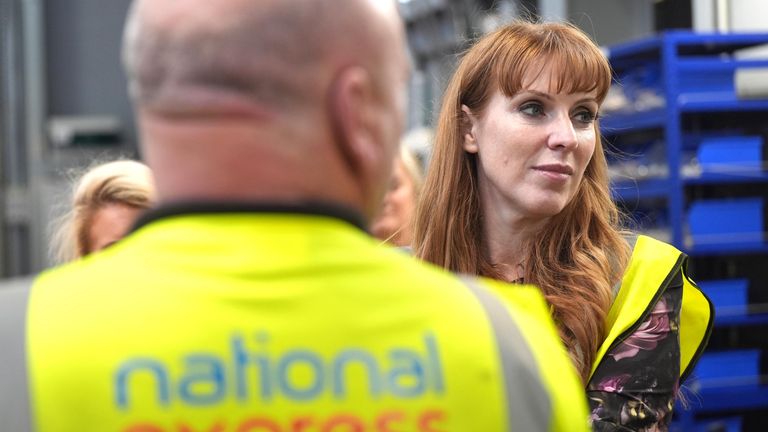 Angela Rayner during a visit to Perry Barr bus depot in Birmingham, to set out Labour&#39;s plan for a better bus network across England.
Pic: PA
