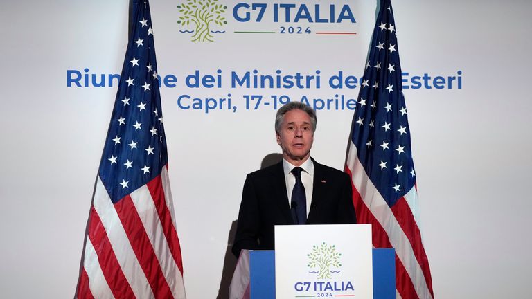 Antony Blinken during a press conference at the G7 Foreign Ministers meeting on Capri Island.
Pic: AP