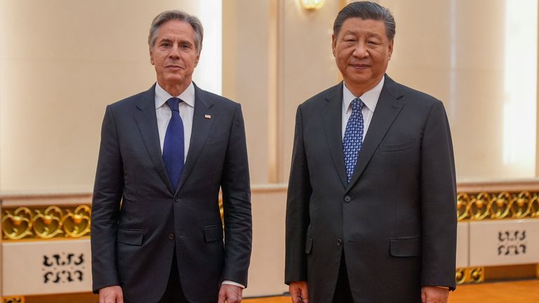 Antony Blinken meets with Chinese President Xi Jinping at the Great Hall of the People.
Pic: AP
