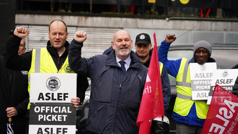 Aslef general secretary Mick Whelan on the picket line at Euston train station.
Pic: PA