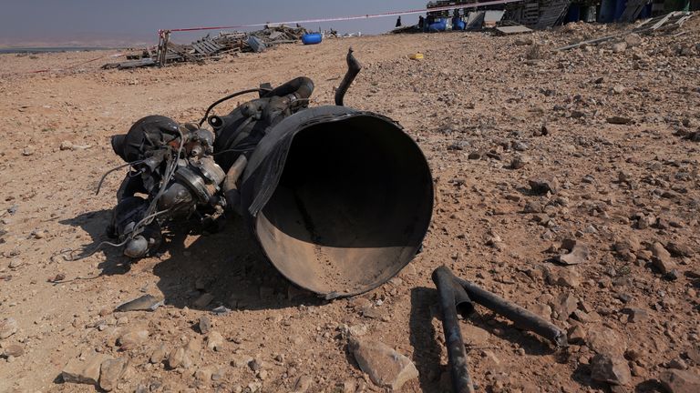 Pic: Reuters
The remains of a rocket booster that, according to Israeli authorities critically injured a 7-year-old girl, after Iran launched drones and missiles towards Israel, near Arad, Israel, April 14, 2024. REUTERS/Christophe van der Perre