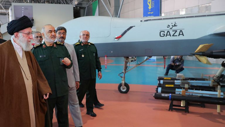 Iran&#39;s Supreme Leader, Ayatollah Ali Khamenei looks at an Iranian drone during his visit to the IRGC Aerospace Force Achievements exhibition in Tehran, Iran November 19, 2023. Office of the Iranian Supreme Leader/WANA (West Asia News Agency) via REUTERS ATTENTION EDITORS - THIS PICTURE WAS PROVIDED BY A THIRD PARTY
