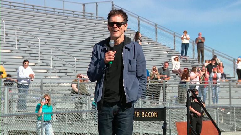Kevin Bacon visits Payson High School, where Footloose was filmed. Pic: NBC