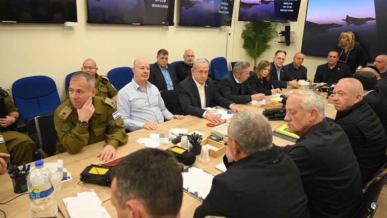 Benjamin Netanyahu with his war cabinet on Saturday. Pic: Israeli PM&#39;s office