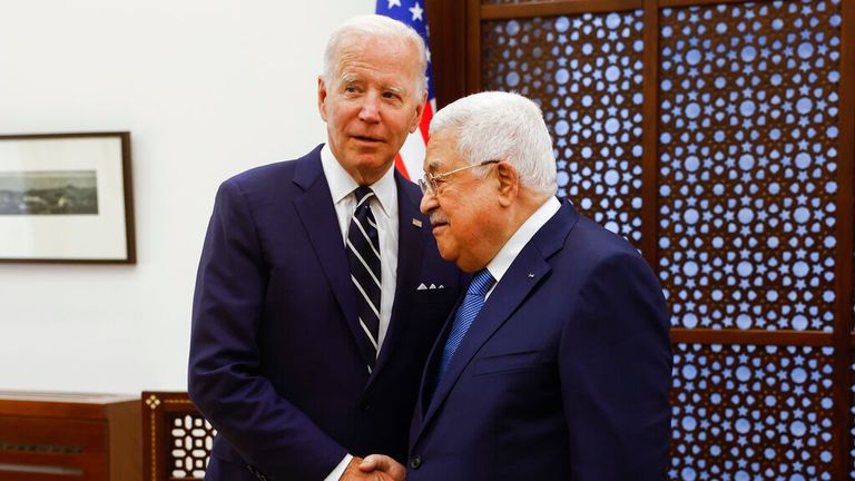 US President Joe Biden meets Palestinian Authority President Mahmoud Abbas in Bethlehem in 2022. Pic: AP