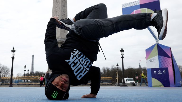 Breakdancer Kareem Gwinn, 37, of the U.S. participates in a workshop at Place de la Concorde to spread the love of the sport, to debut at the Summer Olympic Games in Paris, France, February 6, 2024. REUTERS/Benoit Tessier