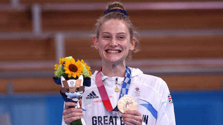 Bryony Page of Britain poses with her medal at the Tokyo Olympics. Pic: Reuters