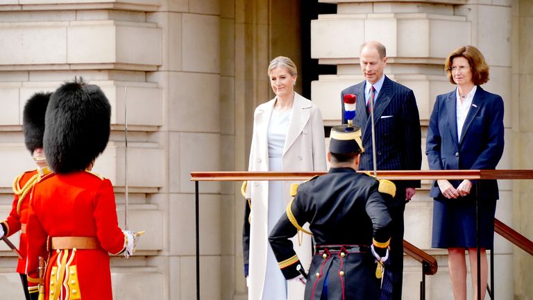 The Duke and Duchess of Edinburgh and French Ambassador to the UK Helene Duchene held a changing of the guard ceremony at Buckingham Palace to commemorate the 120th anniversary of the Entente Amity. Photo: PA