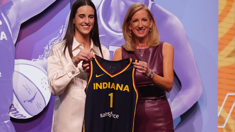 Caitlin Clark poses with WNBA commissioner Cathy Engelbert after she is selected with the number one overall pick to the Indiana Fever .
Pic: Reuters