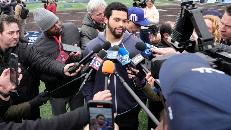 USC quarterback Caleb Williams is interviewed after a Play Football Prospect Clinic with Special Olympics athletes, Wednesday, April 24, 2024 in Detroit. (AP Photo/Carlos Osorio)
