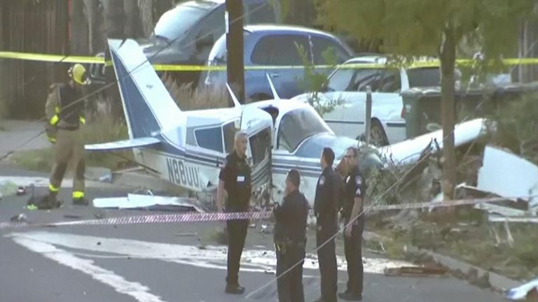 Pilot injured after small plane crashes in Californian neighbourhood 