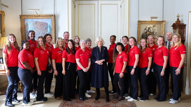 Queen Camilla with members of Maiden Yachting Crew past and present as she hosts a reception for the 'Maiden' yachting crew, at Clarence House in London, to congratulate them on their unprecedented win of the Ocean Globe Race and becoming the first ever all-female crew to win an around-the-world yacht race. Picture date: Monday April 29, 2024.

