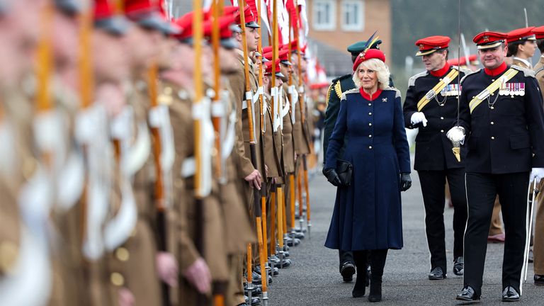 Queen Camilla inspects the Lancers on parade during a visit to The Royal Lancers.
Pic: Reuters