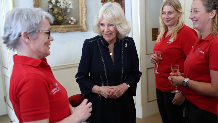 Queen Camilla, speaks to Tracy Edwards as she hosts a reception for the &#39;Maiden&#39; yachting crew, at Clarence House..
Pic: PA

Pic: PA