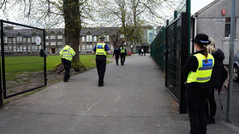Police officers outside Amman Valley school, in Ammanford, Carmarthenshire.
Pic: PA