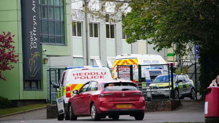 Vehicles from the emergency services at Amman Valley school, in Ammanford, Carmarthenshire.
Pic PA