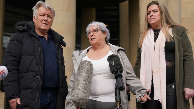 (left to right) Alan McKeich (stepfather) Margaret McKeich, the mother of of 14-year-old Caroline Glachan and Caroline&#39;s friend Joanne Menzies outside the High Court in Glasgow where Donna Brand who is one of three people found guilty of the murder of her daughter in August 1996 has been jailed for 17 years. Picture date: Monday April 22, 2024.